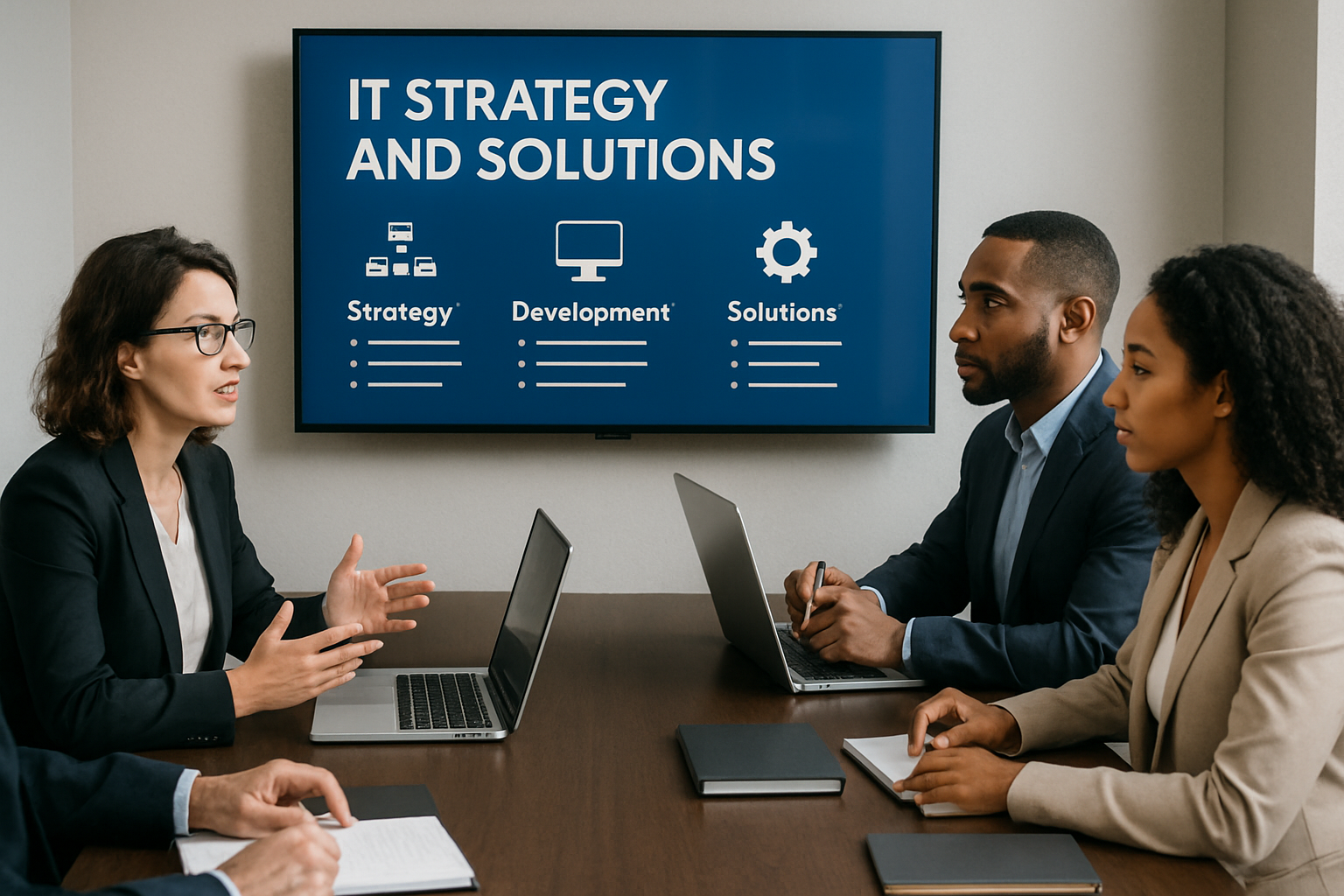 Business meeting discussing IT strategy and solutions