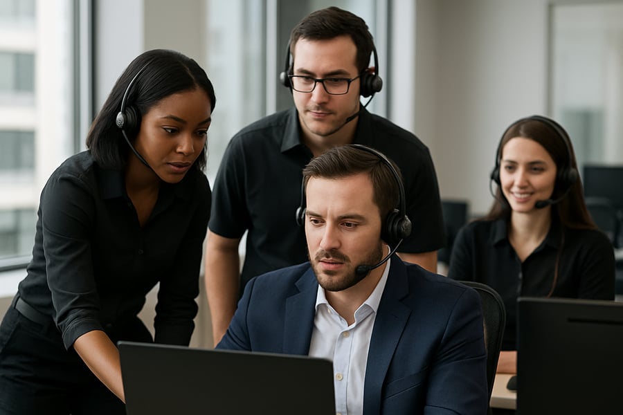 Professional IT support team assisting a business client